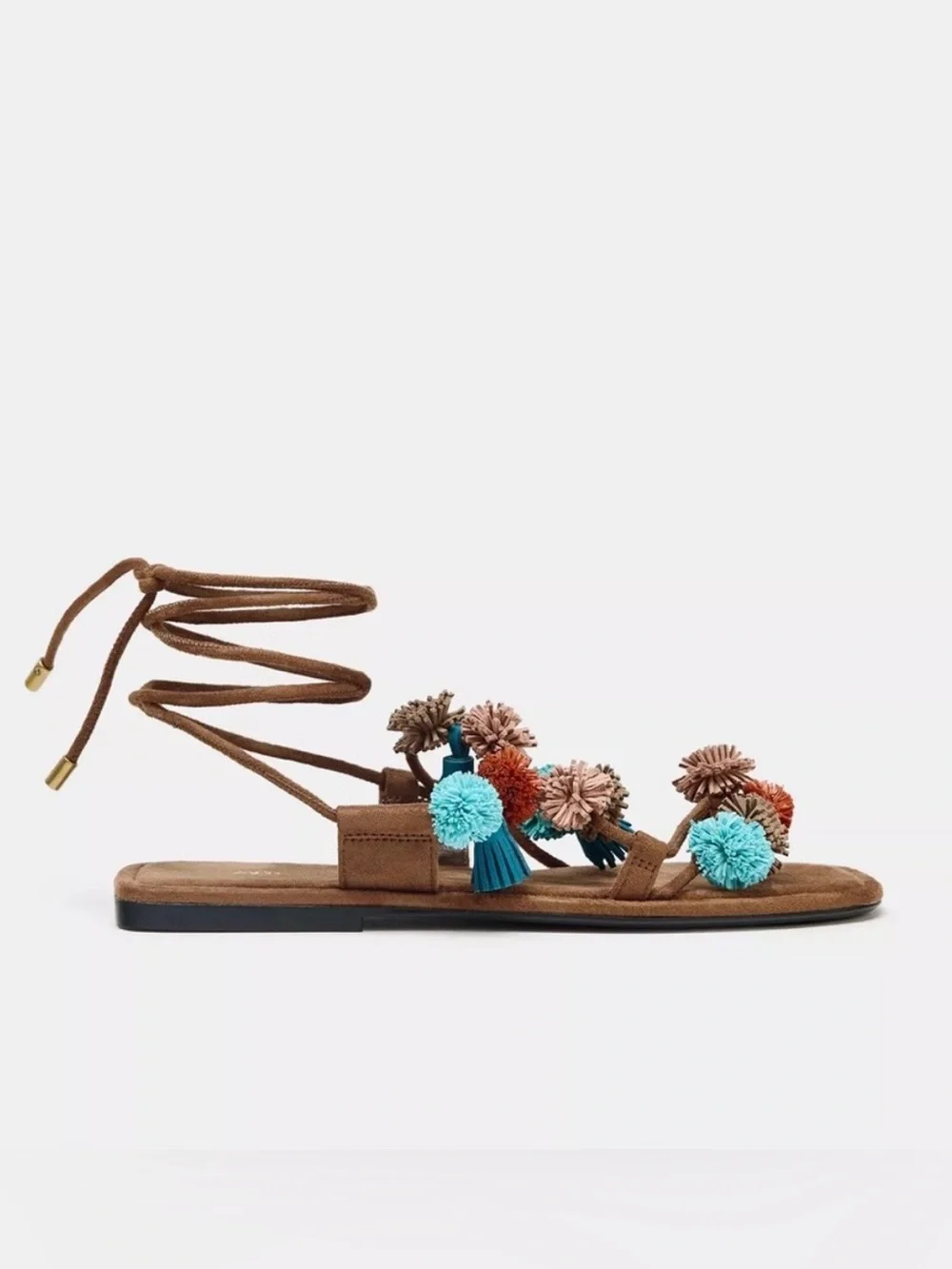 Zara Brown Pom-Pom Ankle Tie Sandals 39 - Picture 2 of 7